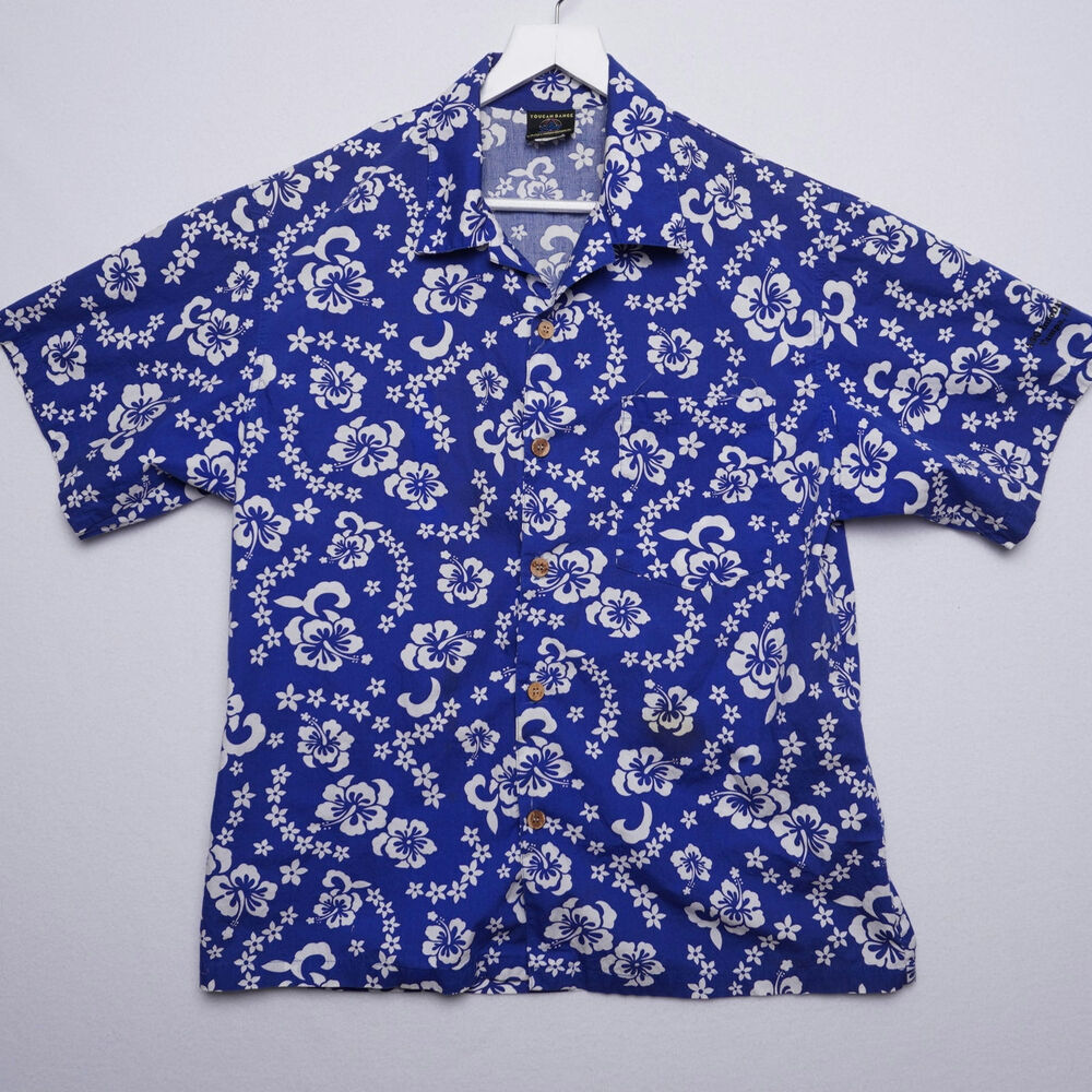 Vintage Hawaiian Shirt‎ Blue with White Flowers Size Medium